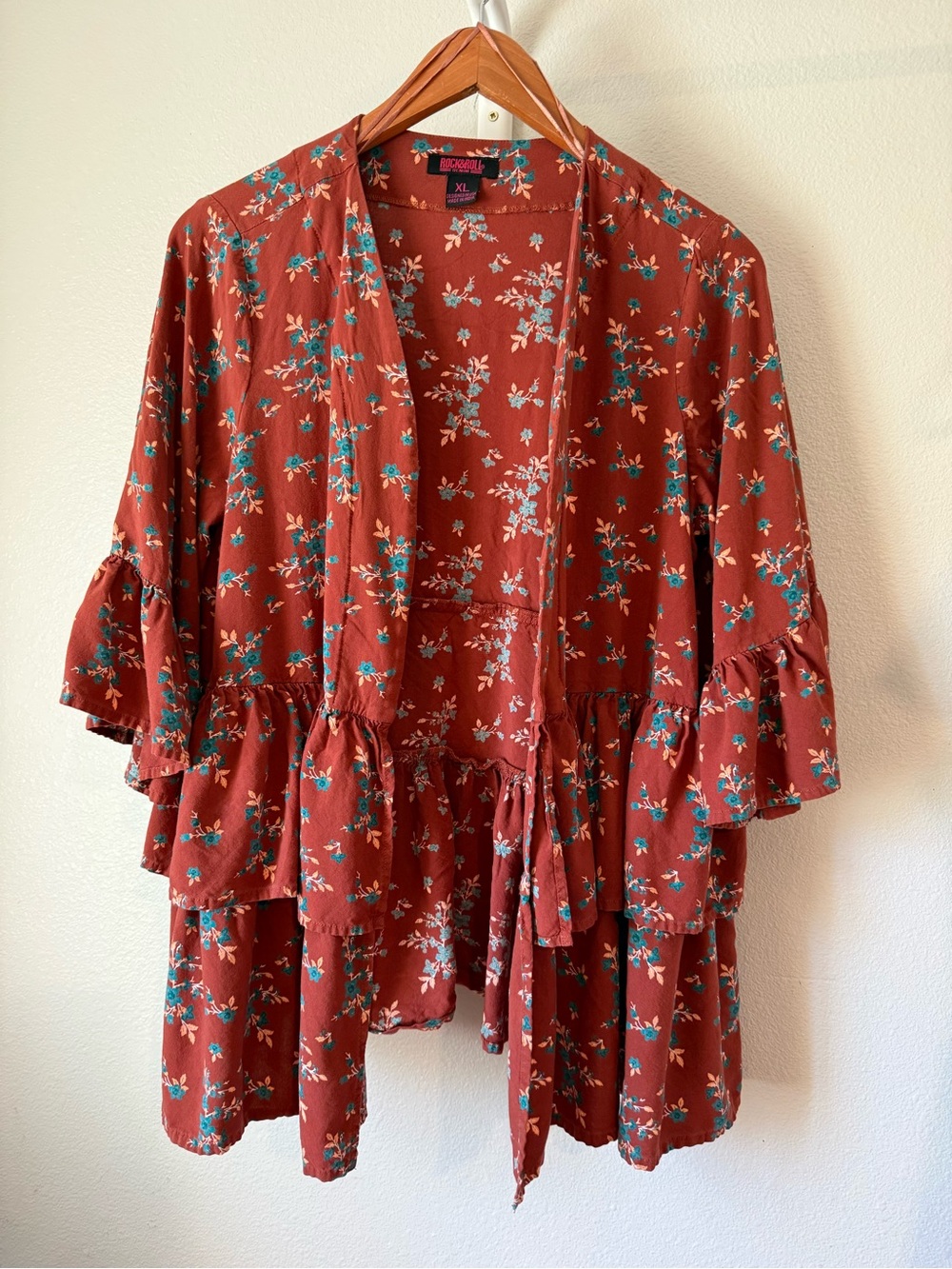 Rock&Roll denim Rust Floral Ruffle Kimono Cardigan